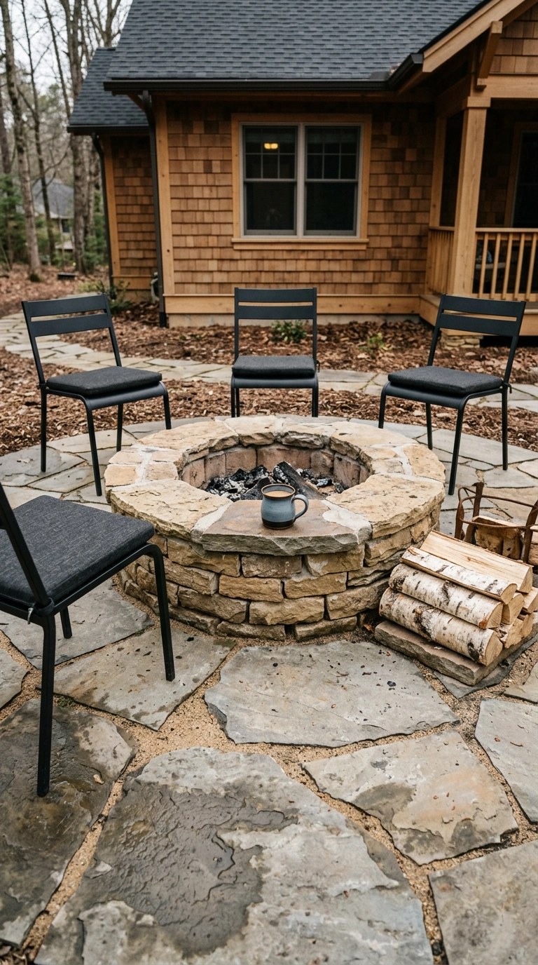 Stacked-stone fire pit on an irregular bluestone flagstone patio with black metal chairs