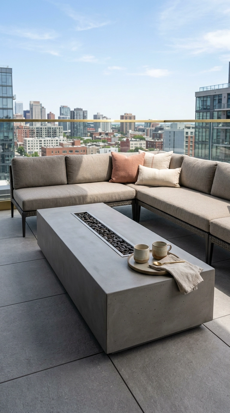 Unlit rectangular gas fire table with a concrete top styled as a coffee table on a condo terrace