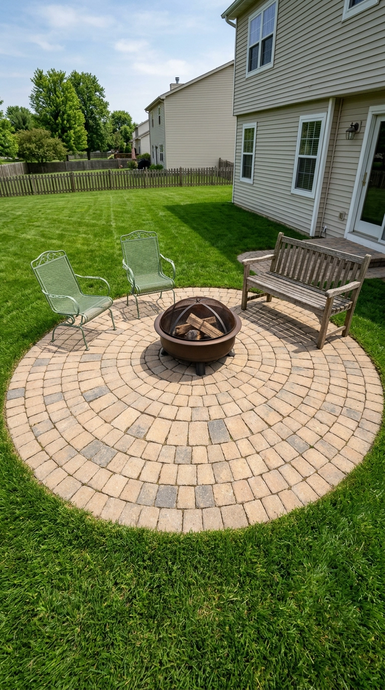 Circular tan and charcoal paver patio in a radial pattern with a bronze fire pit and painted metal chairs