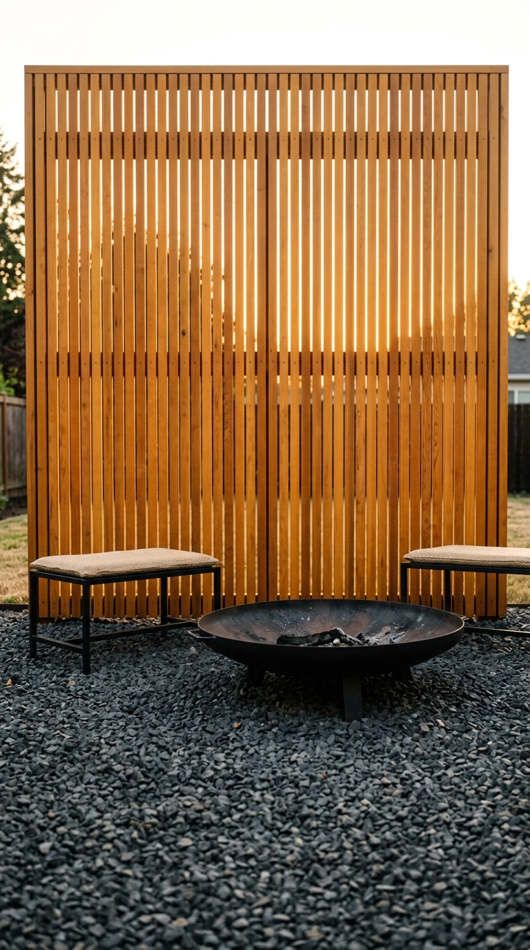 Vertical honey-stained cedar slat screen behind a low black steel fire bowl with two black stools