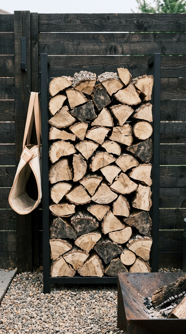 Split oak firewood stacked cut-end-out in a black steel rack against a dark stained fence
