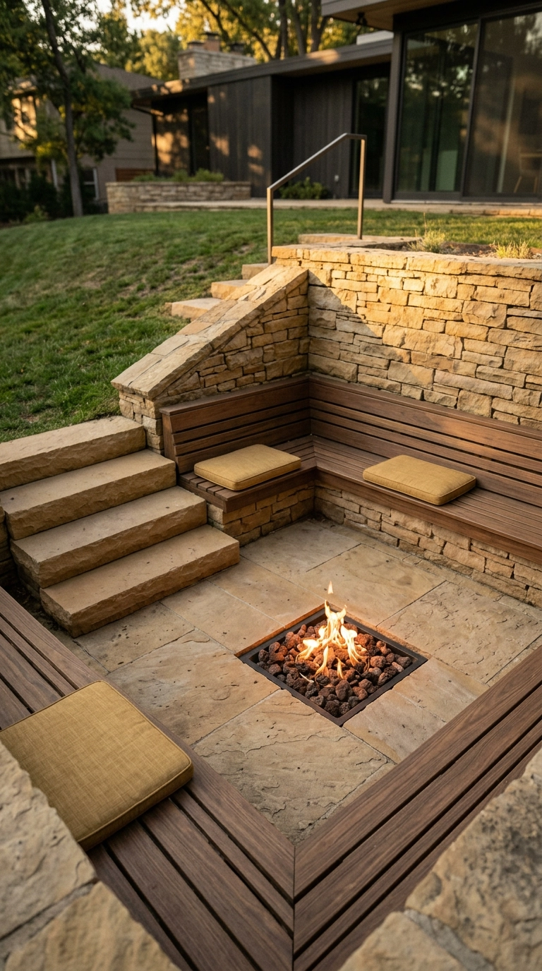 Sunken sandstone fire pit area with steps down and walnut slatted benches built into two sides