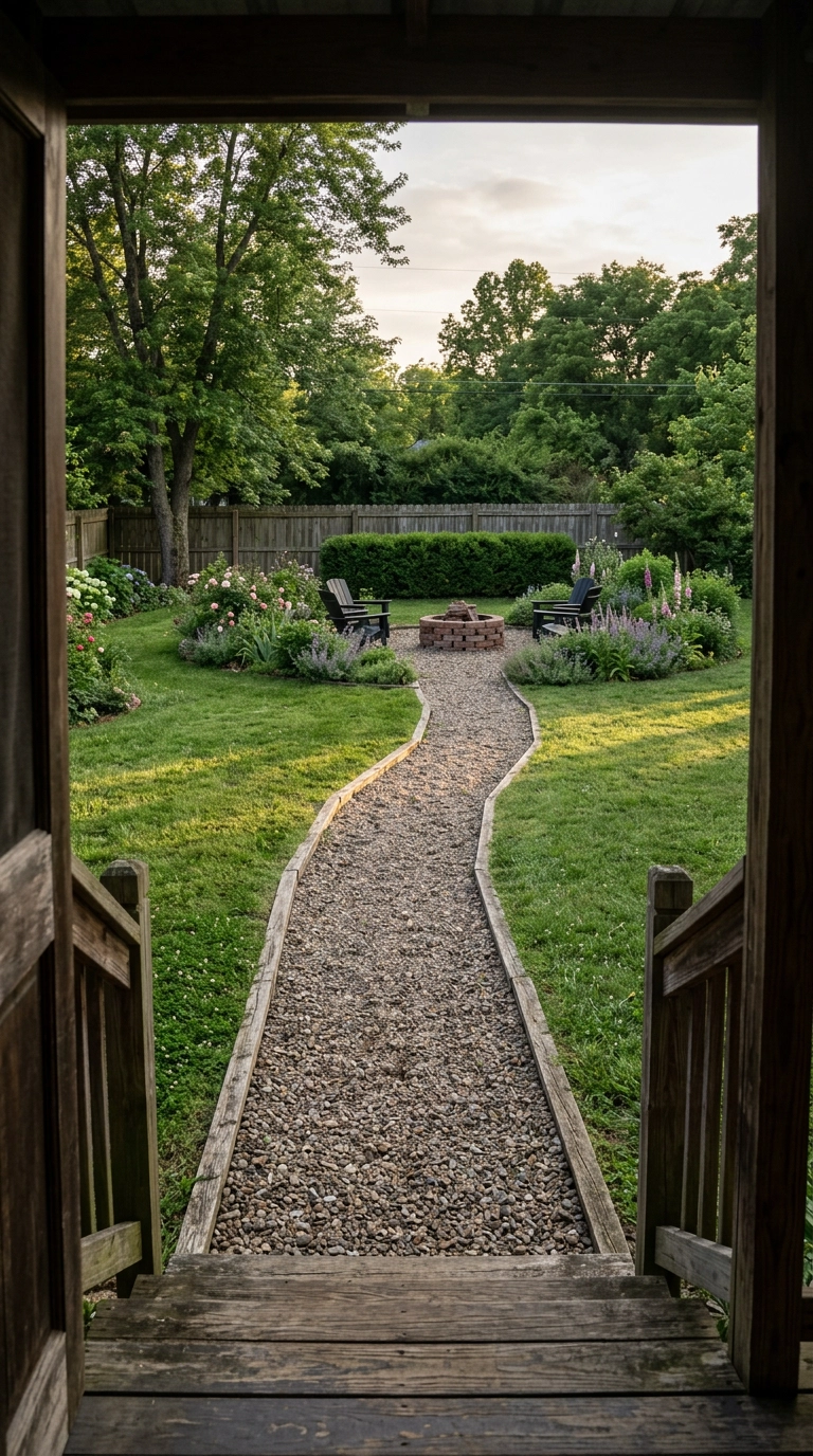 Curving crushed stone path with timber edging leading across a lawn to a small brick fire pit