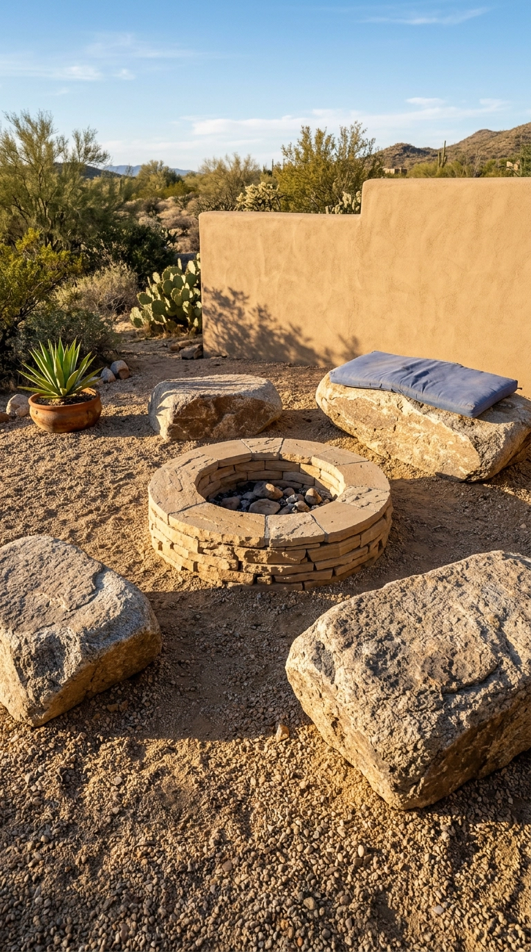 Stacked stone fire ring with three flat-topped granite boulders used as seating on decomposed granite