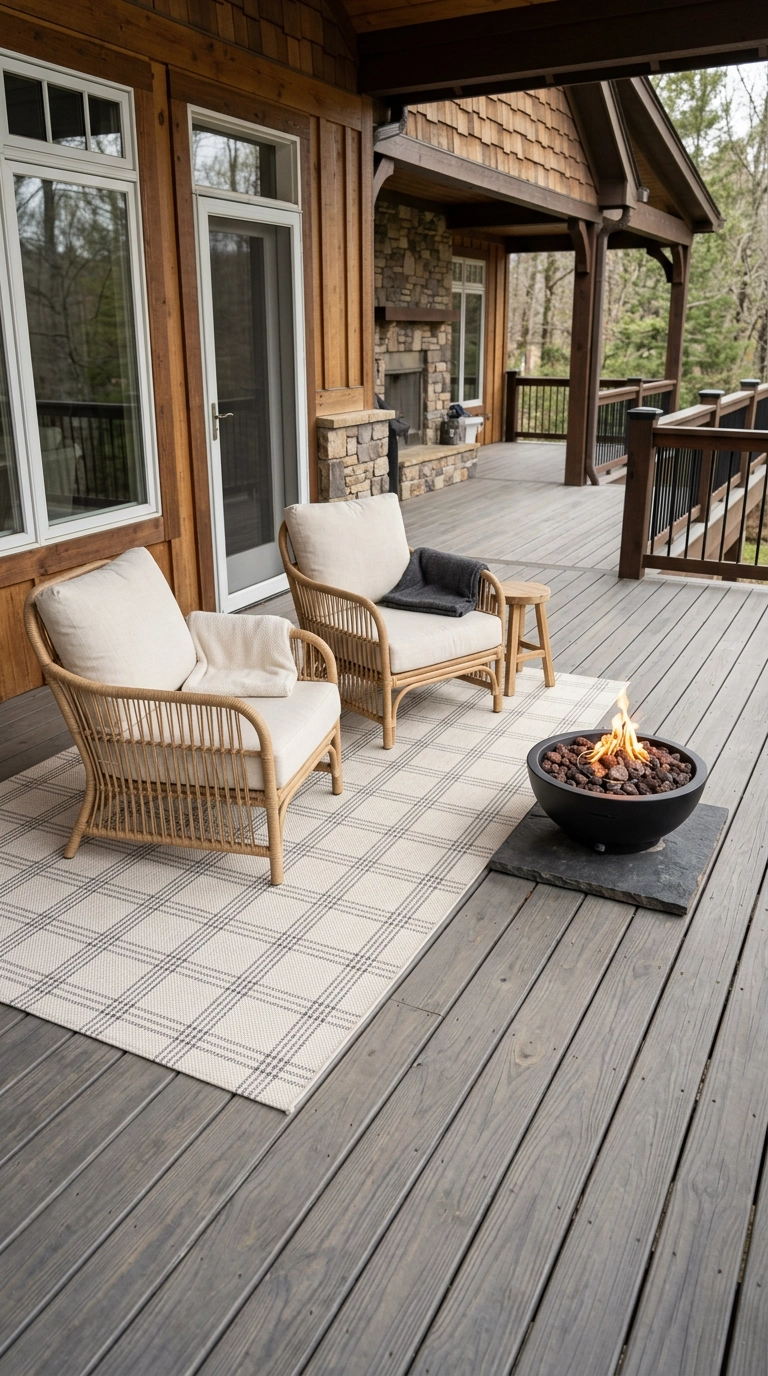 Ivory and charcoal outdoor rug under lounge chairs set back from a small tabletop gas fire bowl on a deck