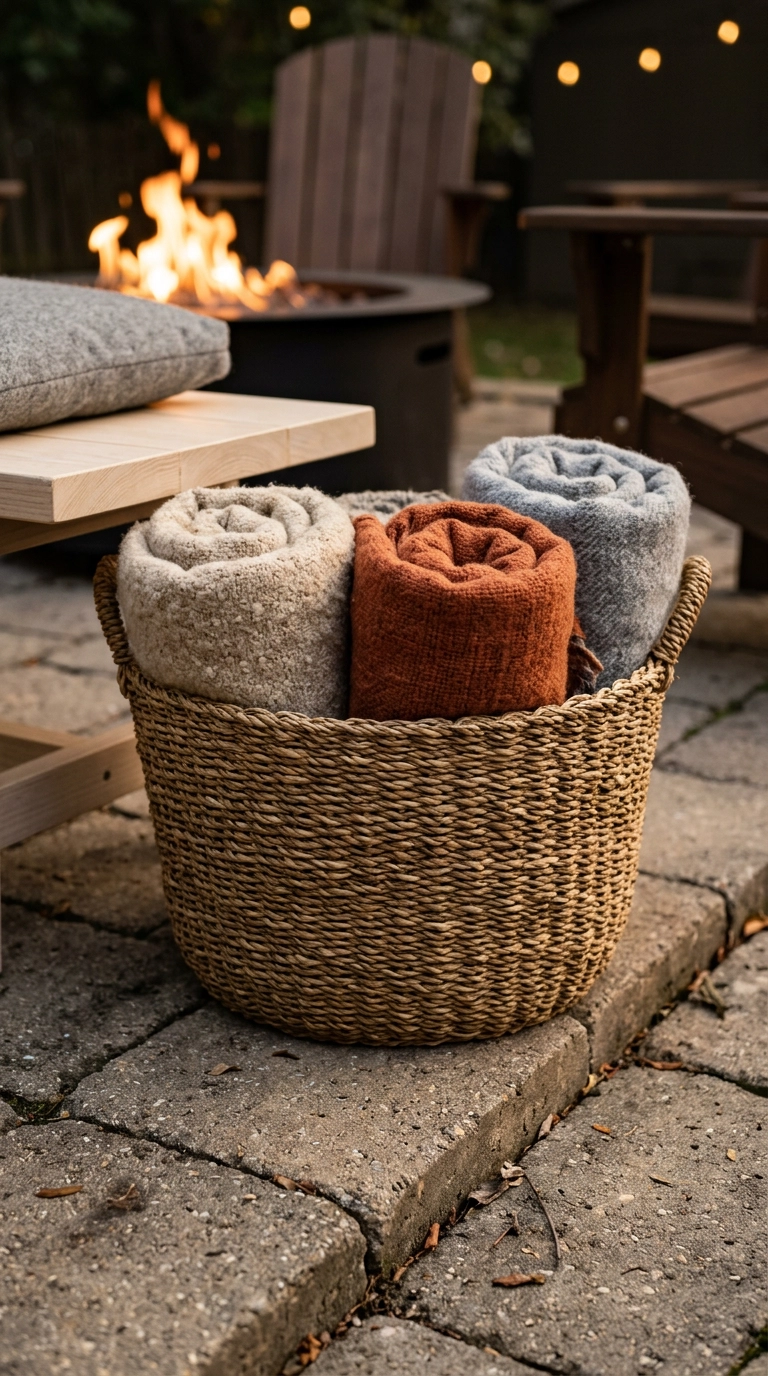 Woven seagrass basket holding rolled oatmeal and rust wool blankets beside a fire pit seating area