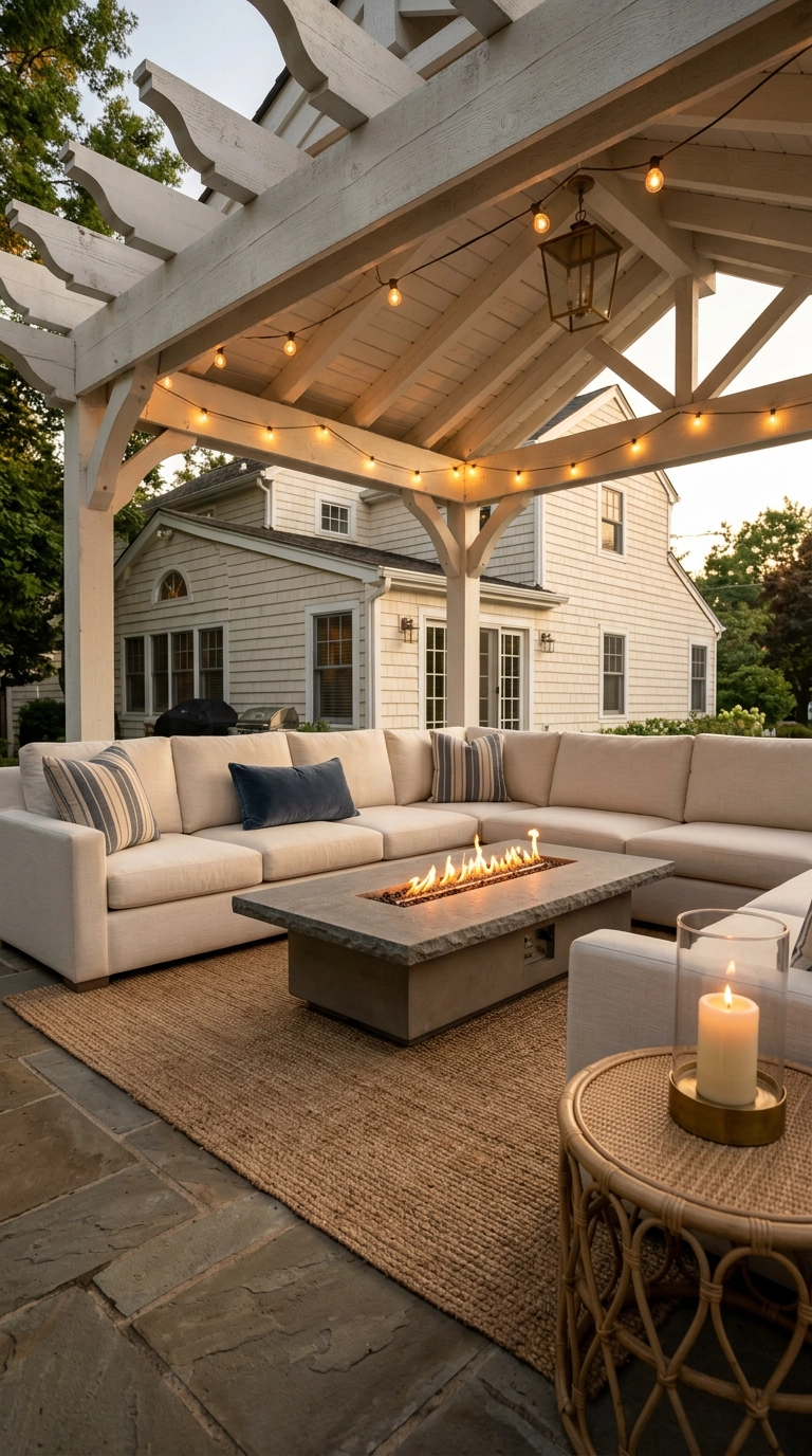 Ivory outdoor sectional wrapping a bluestone gas fire table under a white pergola with string lights