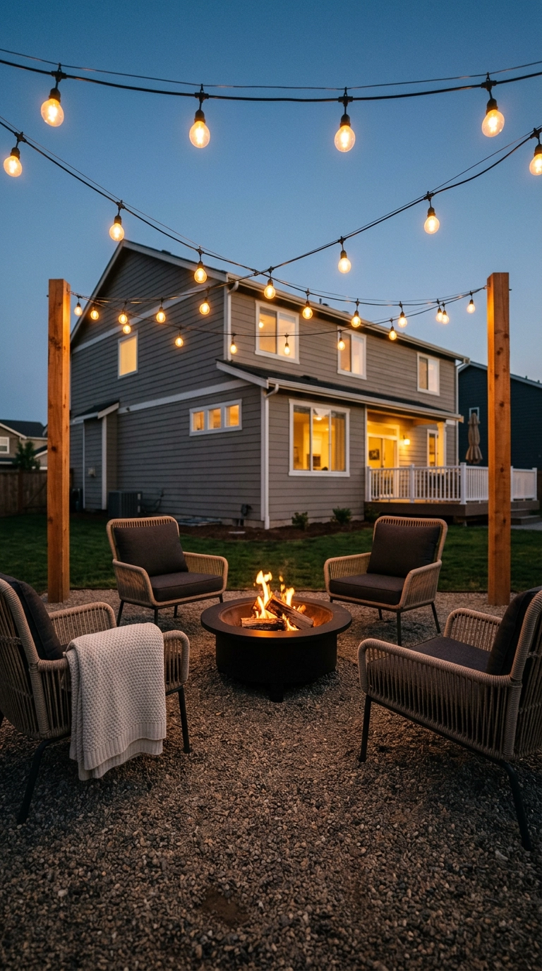 Warm string lights strung between cedar posts above a gravel fire pit patio at blue hour