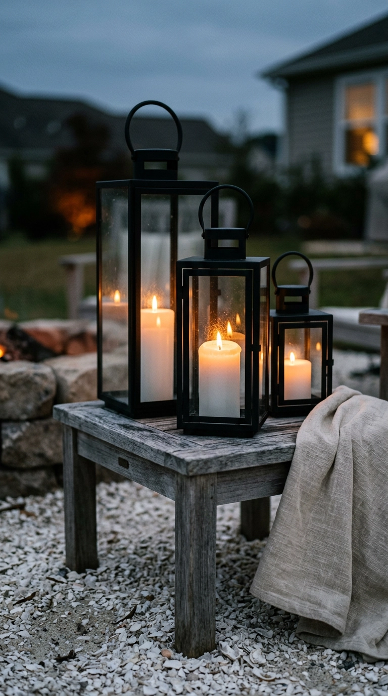 Three black and glass lanterns of different heights clustered on a weathered teak table beside a fire pit