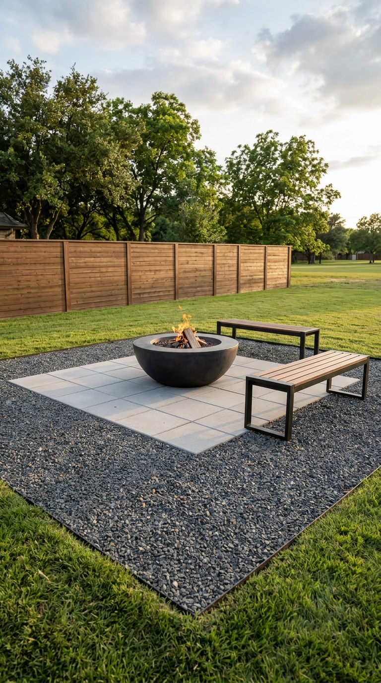 Concrete fire pit bowl centered on paver patio with wide clear margins and benches set back safely