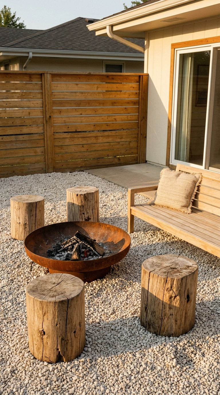 Round corten steel fire pit on crushed ivory gravel with white oak stump stools and a bench