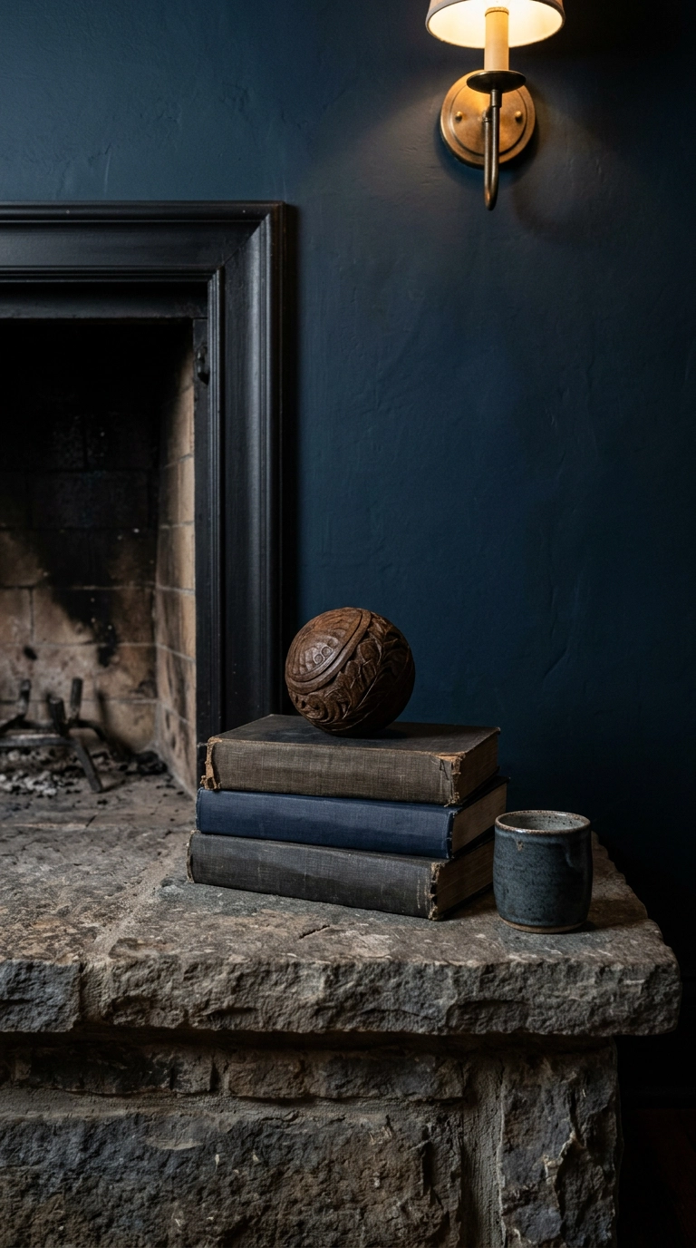 Stack of books and a carved wooden sphere styled on the end of a stone hearth bench