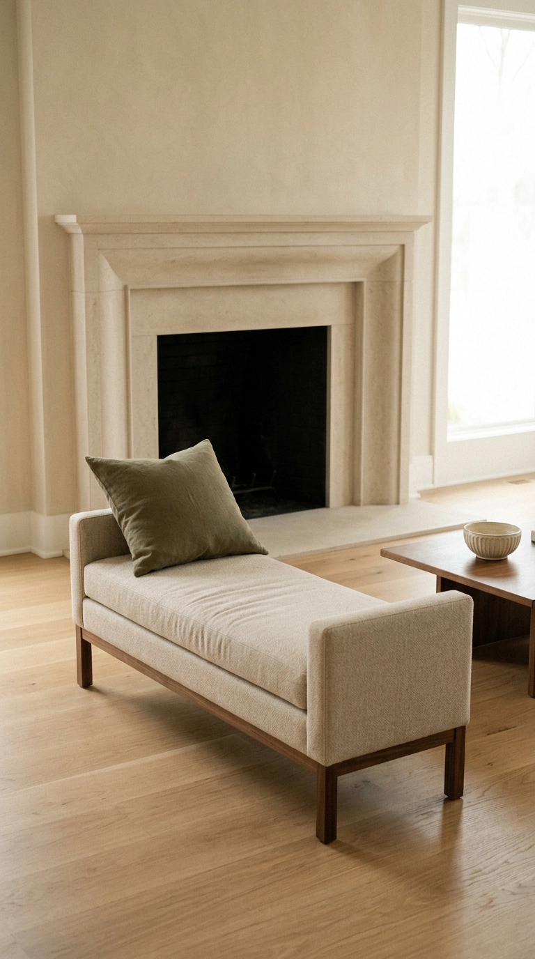 Upholstered oatmeal performance fabric bench in front of a limestone fireplace