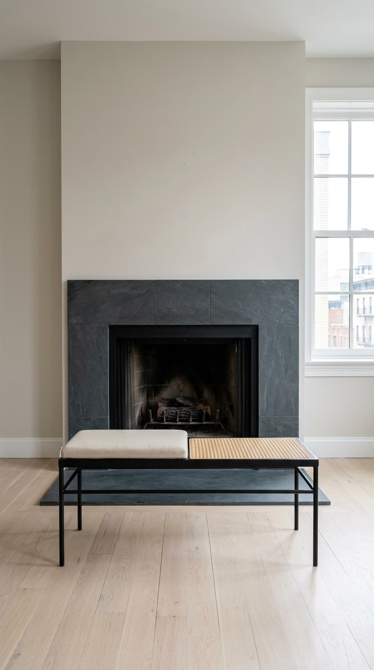 Slim black metal bench with a cane webbing seat in front of a slate tile fireplace