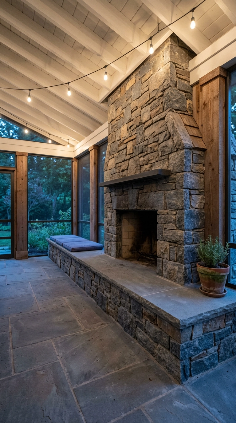Raised bluestone hearth bench at a fieldstone outdoor fireplace on a screened porch