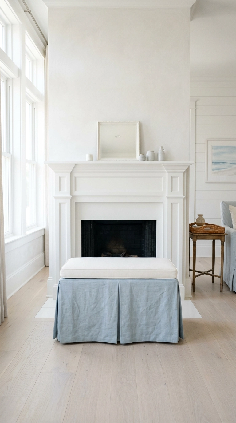 Fireplace bench with a pleated chalk-blue linen skirt in front of a white painted mantel
