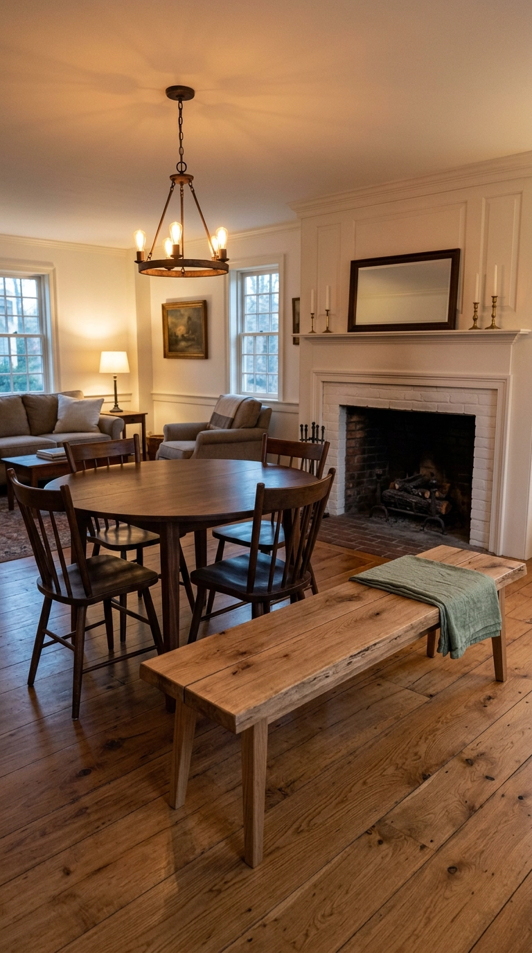 Long white oak fireplace bench pulled to a dining table as extra seating at dusk
