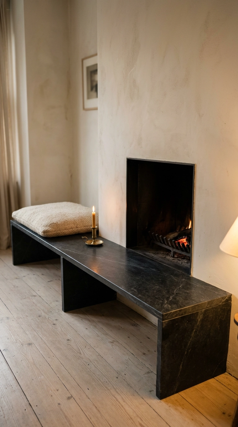 Dark soapstone hearth bench with a wool cushion beside a Scandinavian fireplace