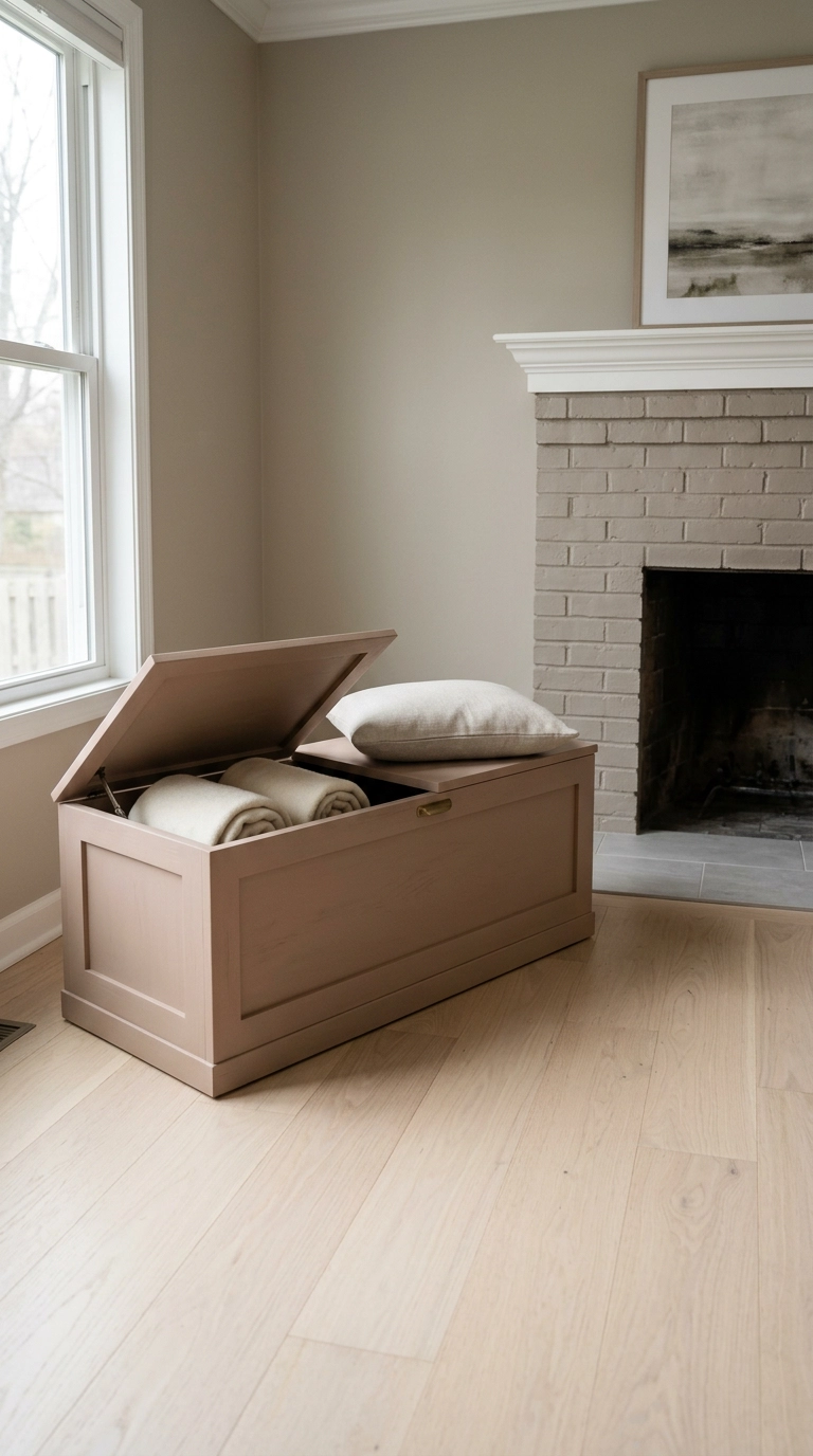 Clay painted storage bench with a hinged lid open showing rolled blankets near a brick fireplace