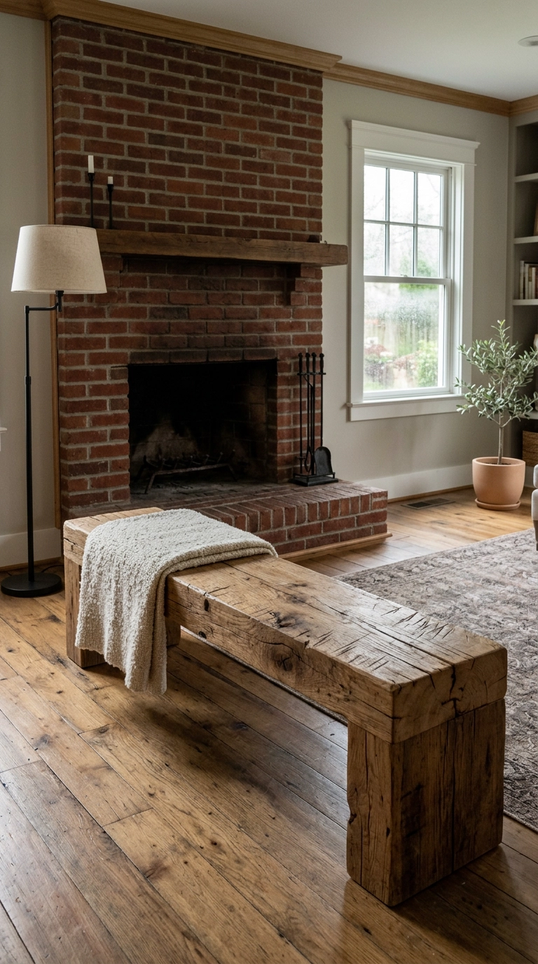 Reclaimed timber bench placed in front of a red brick fireplace in a farmhouse living room