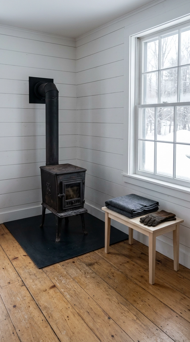 Pale ash bench beside a black cast iron wood stove on a steel floor pad