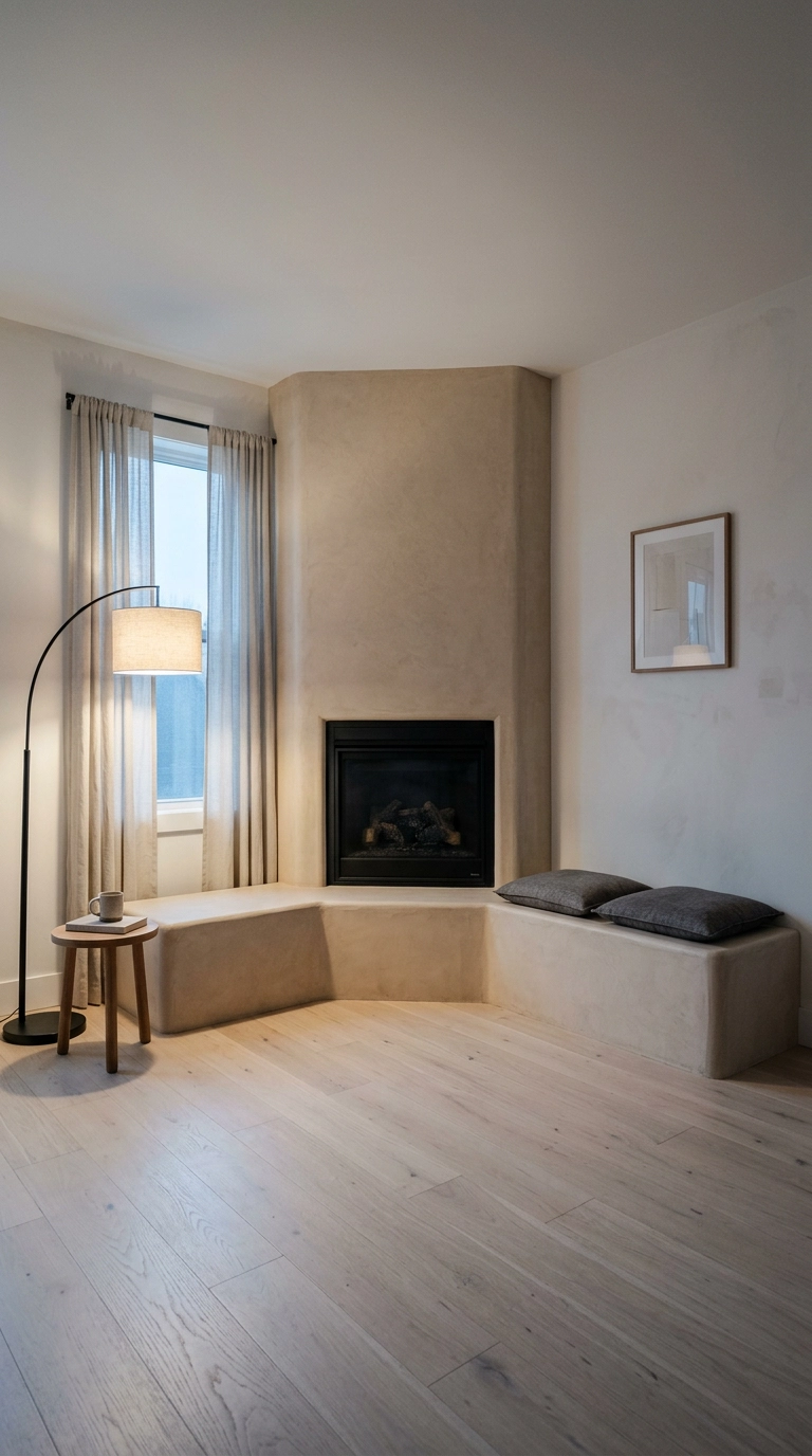 L-shaped oatmeal microcement bench wrapping a corner fireplace in a Japandi living room