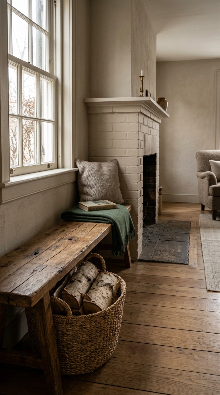 Woven basket of split firewood tucked under a timber bench beside a brick fireplace