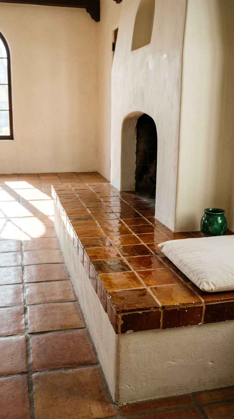 Glossy terracotta zellige tile bench top on a raised hearth in a Spanish revival room