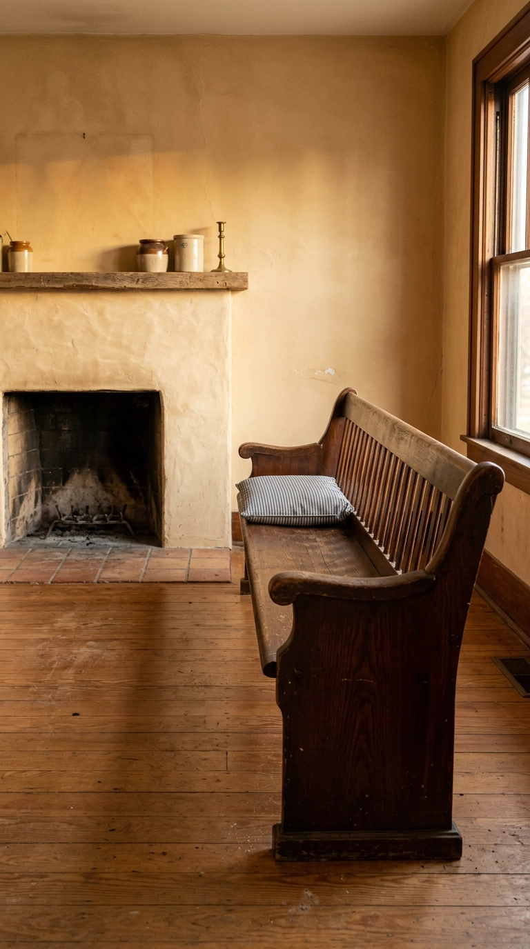 Antique chestnut church pew used as a bench beside an ochre limewashed fireplace