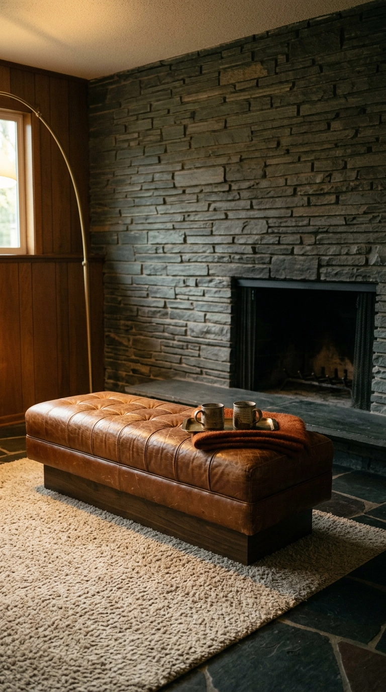 Tufted cognac leather fireplace bench with a brass tray in front of a slate fireplace