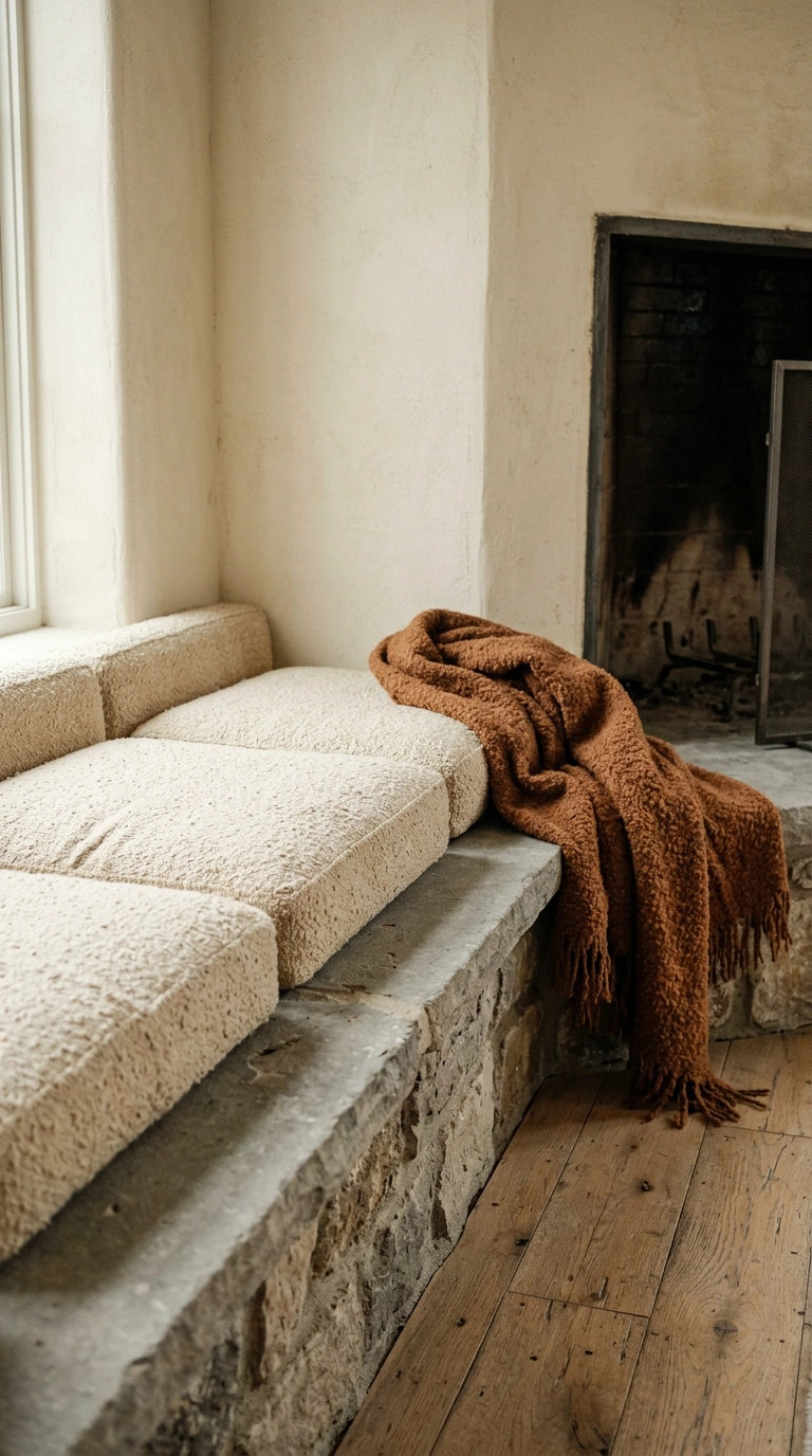 Cream boucle cushions and a rust wool throw styled on a stone hearth bench