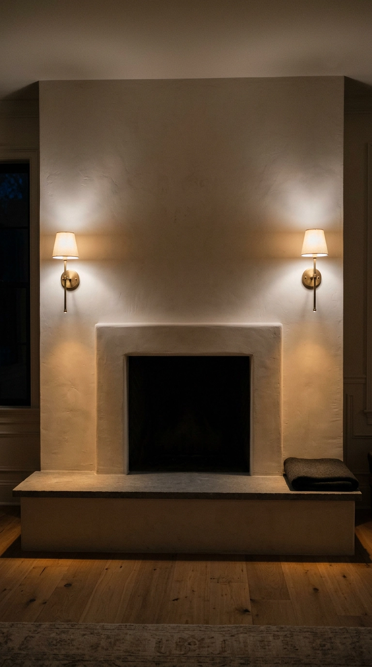 Two brass wall sconces flanking a fireplace above a stone hearth bench at night