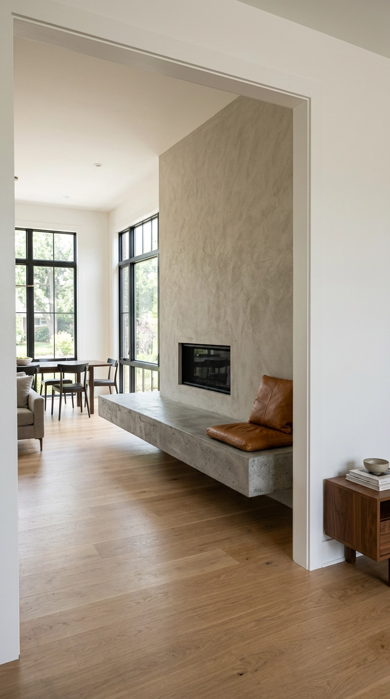 Floating poured concrete bench cantilevered from a plaster fireplace wall