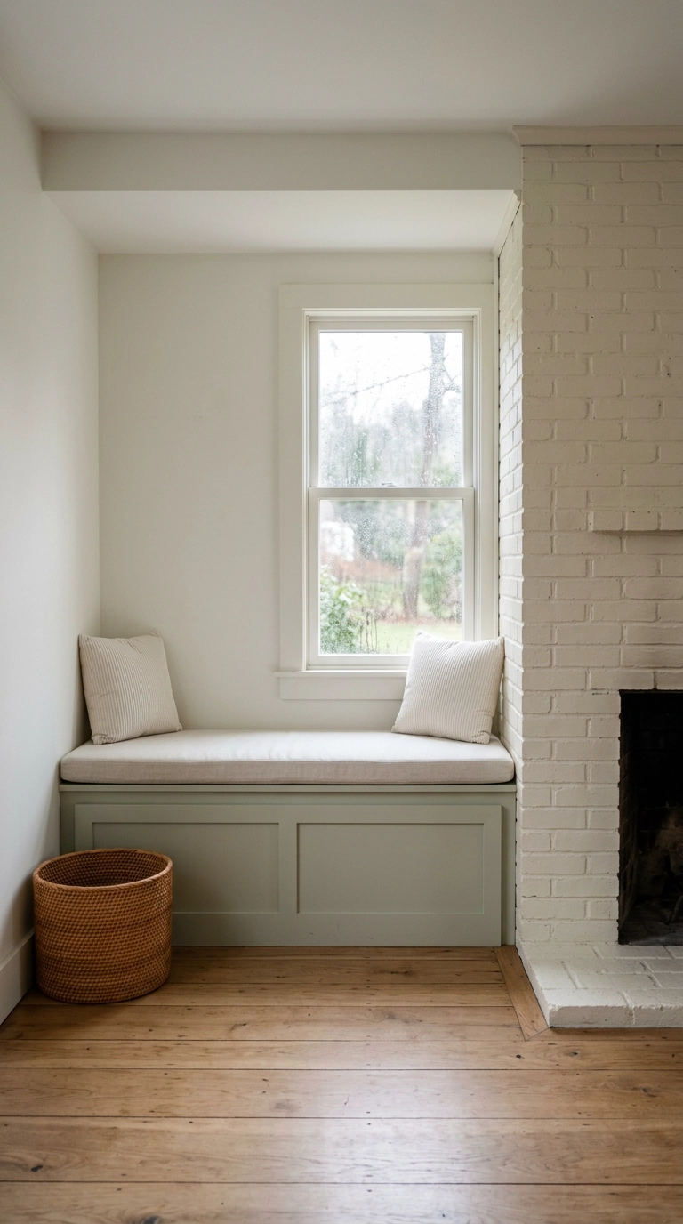 Built-in sage painted bench in an alcove beside a chimney breast under a window