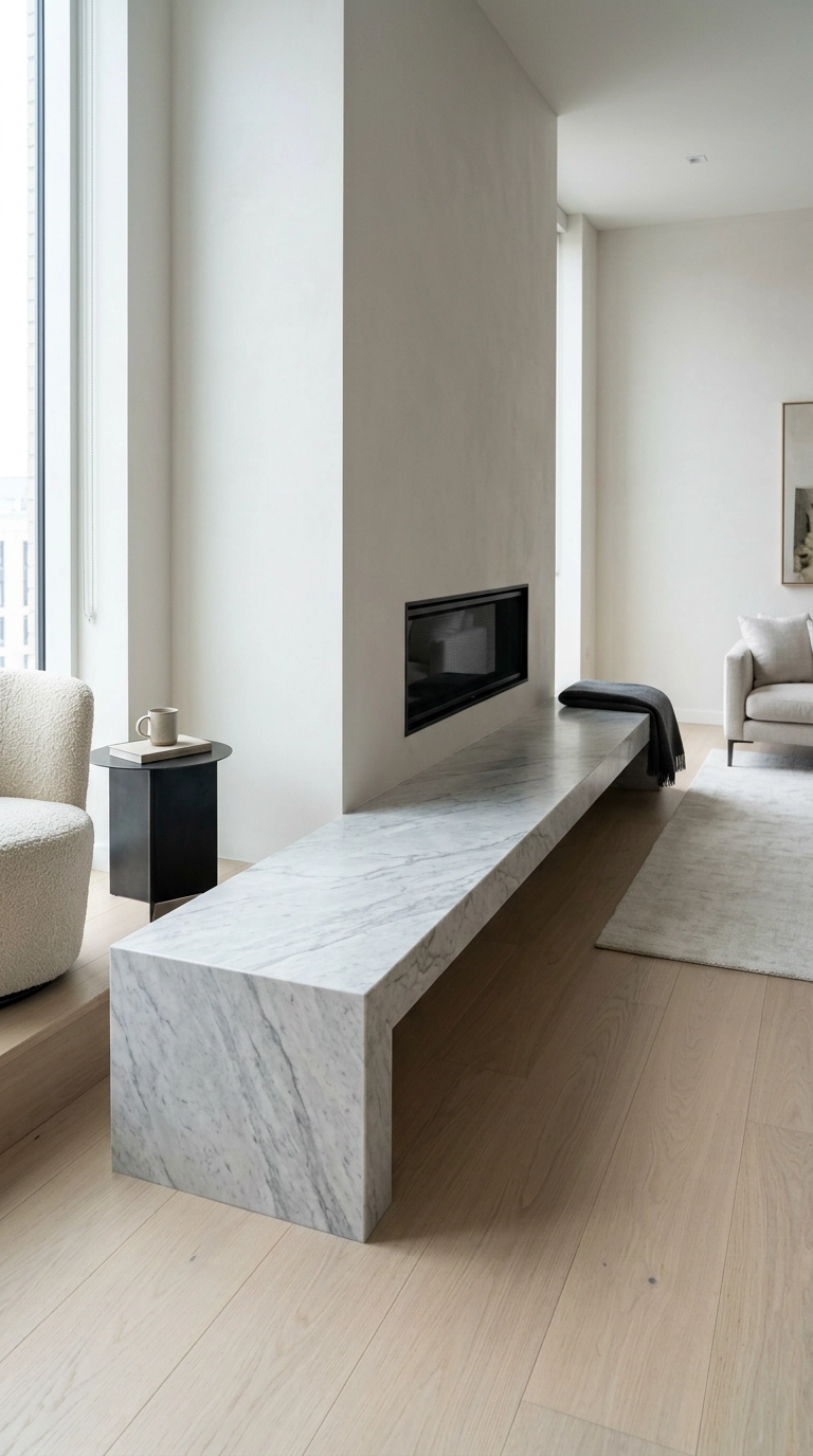 Honed grey marble hearth bench with a waterfall edge running down to the floor