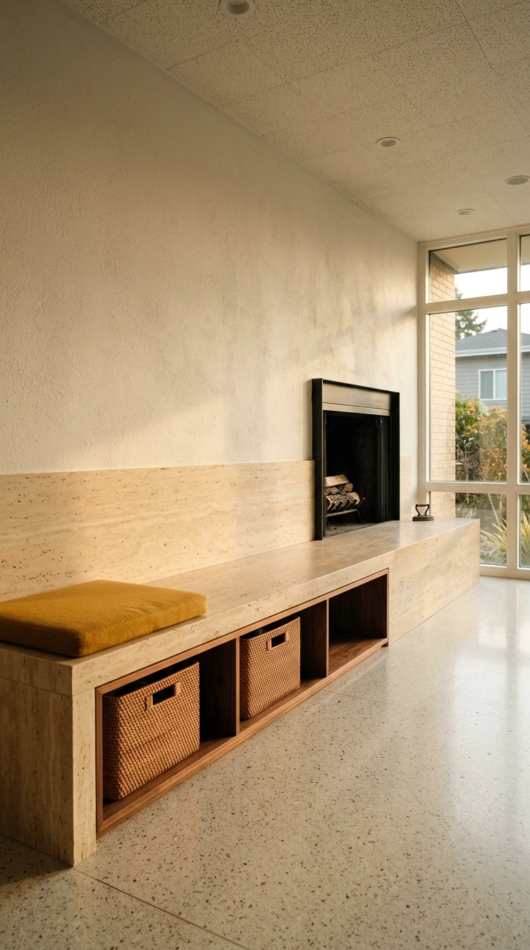 Travertine hearth bench with three open walnut cubbies and rattan storage bins beneath