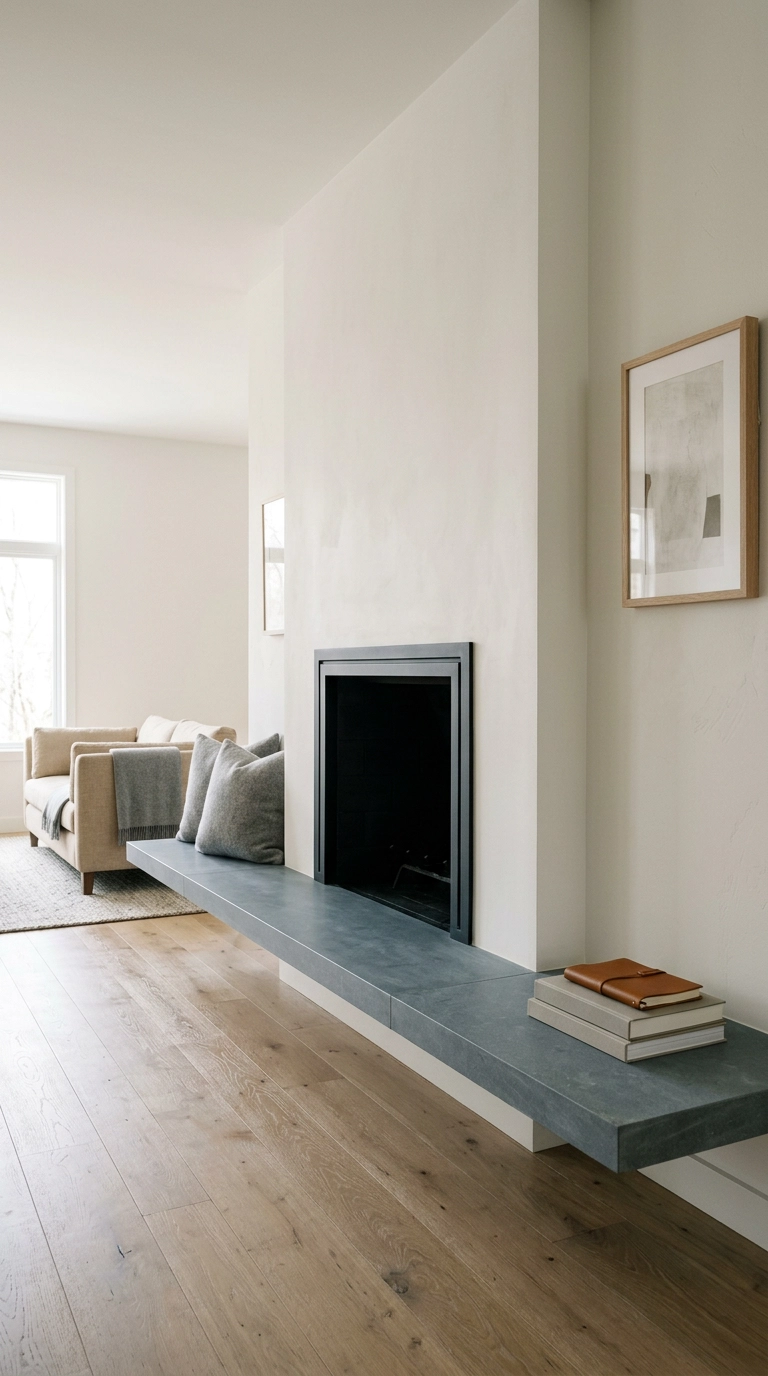 Bluestone raised hearth bench built into a white plaster fireplace surround in a living room