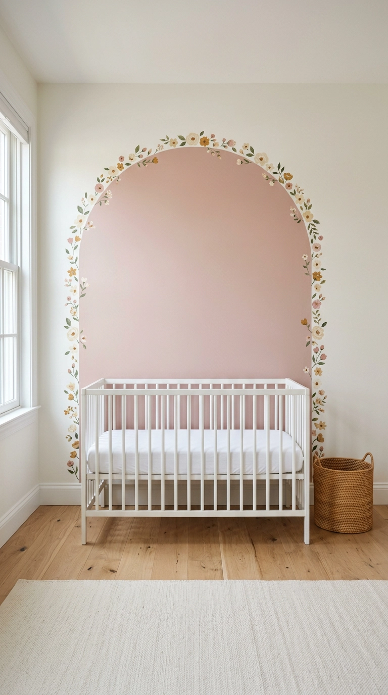 Painted arch with a hand-painted floral border framing a nursery crib