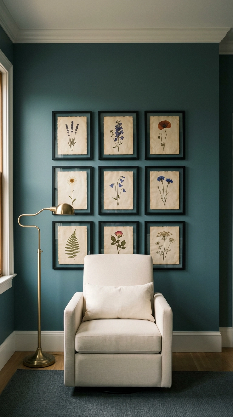 Nine-frame grid of botanical specimen prints on a teal nursery wall