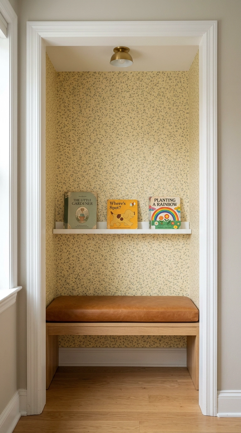 Reading alcove lined in ditsy floral peel-and-stick paper in a nursery