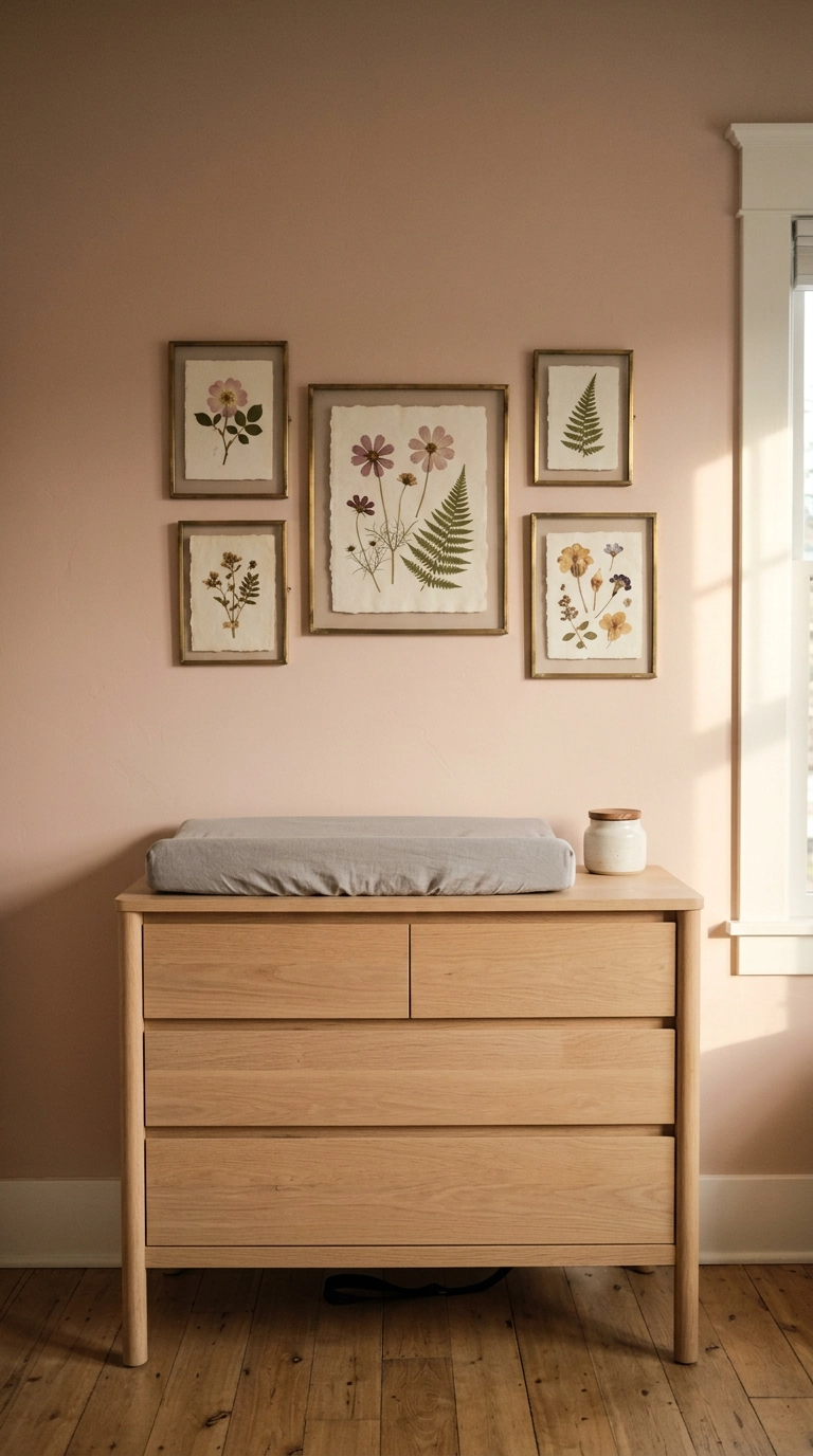 Cluster of pressed flower frames above a nursery dresser used as a changing table