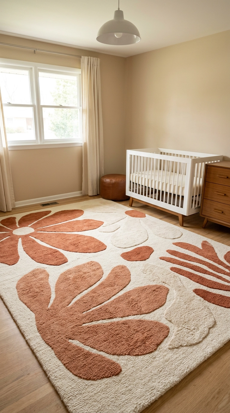 Abstract petal-patterned wool rug anchoring a mid-century floral nursery