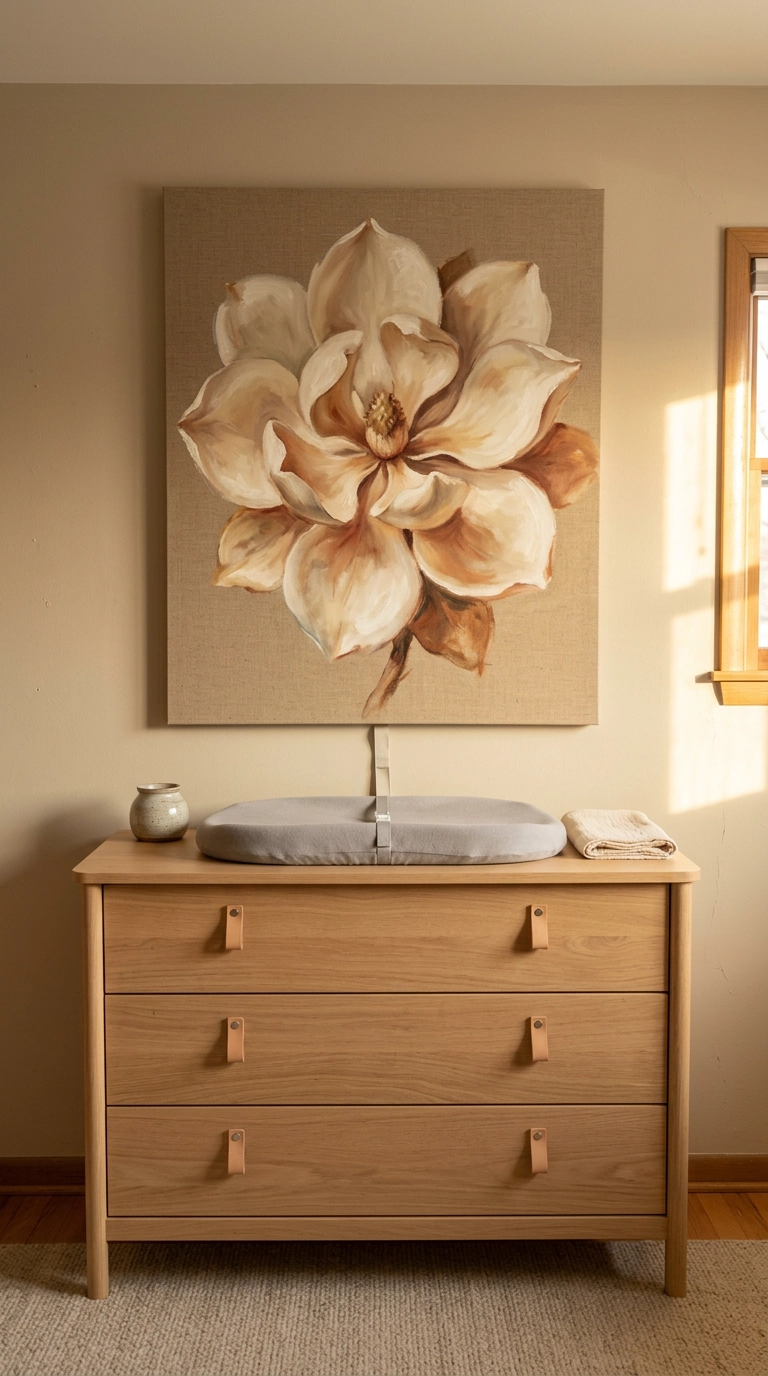 Large single magnolia bloom canvas above a white oak nursery dresser