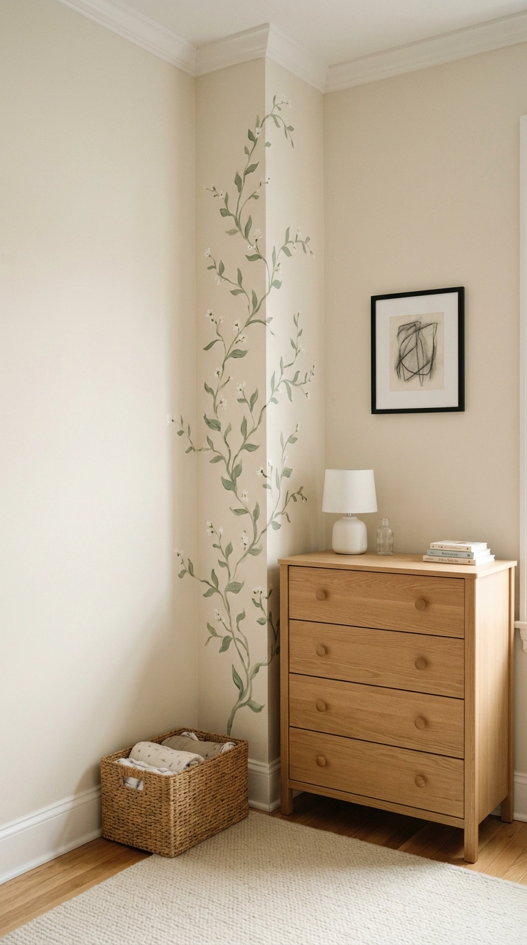 Hand-painted trailing floral vine climbing a nursery corner wall