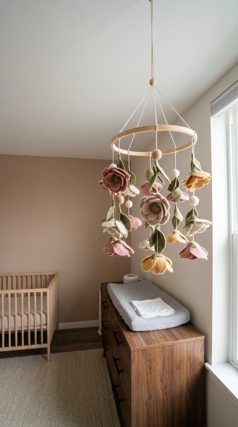 Felt flower mobile hanging above a walnut changing dresser in a floral nursery