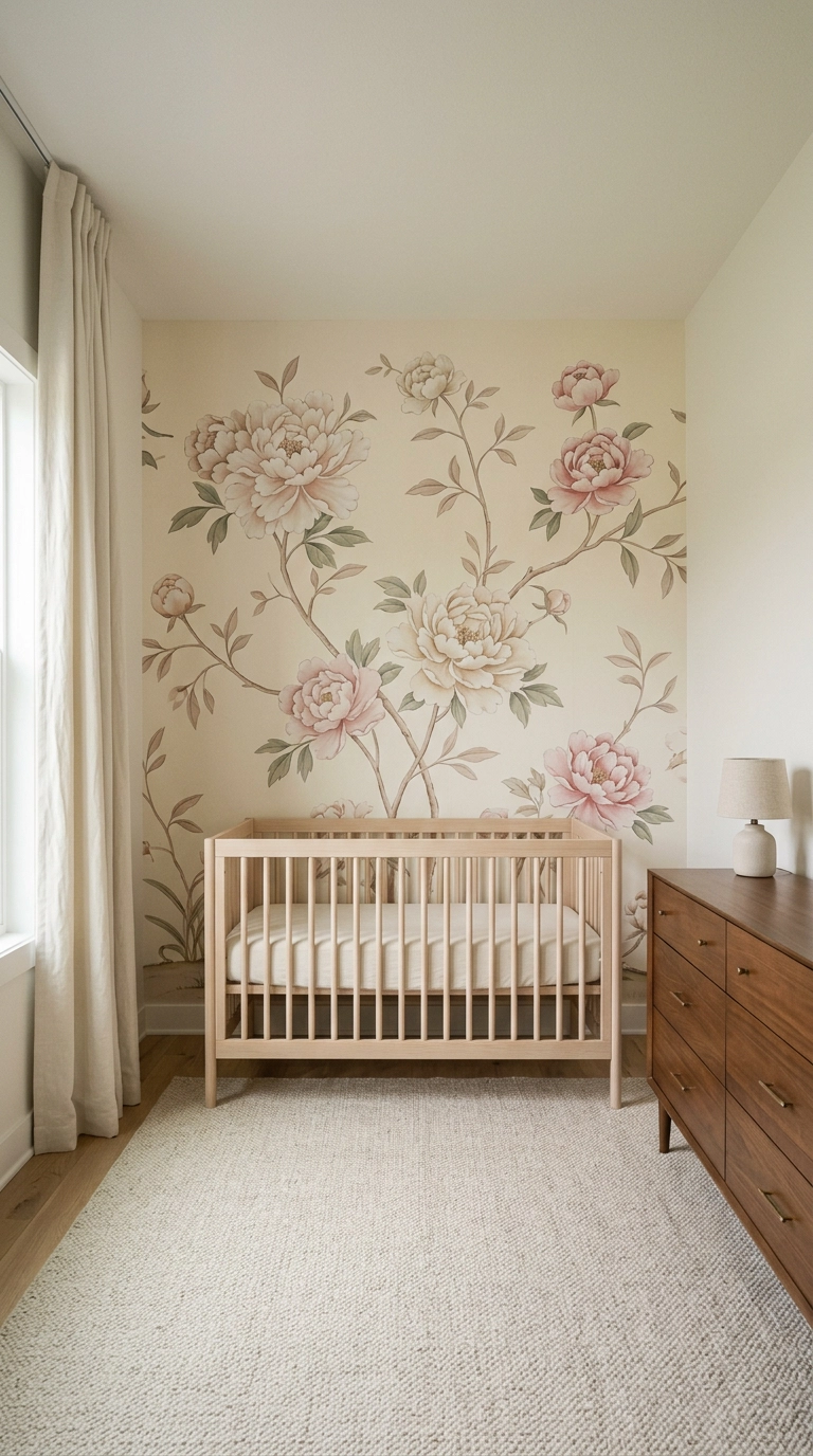 Floral nursery with an oversized chinoiserie peony mural behind a white oak crib