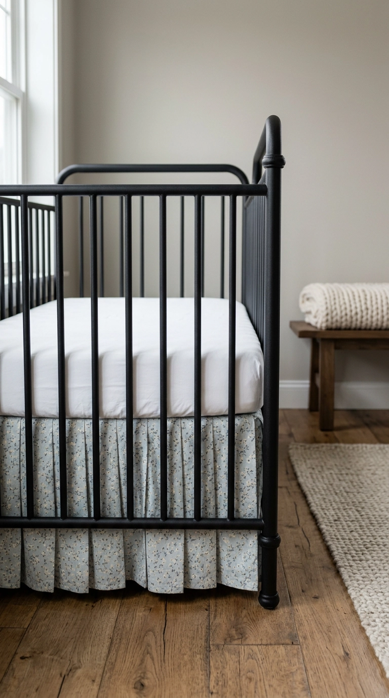 Ditsy floral crib skirt on a black metal crib with plain white bedding