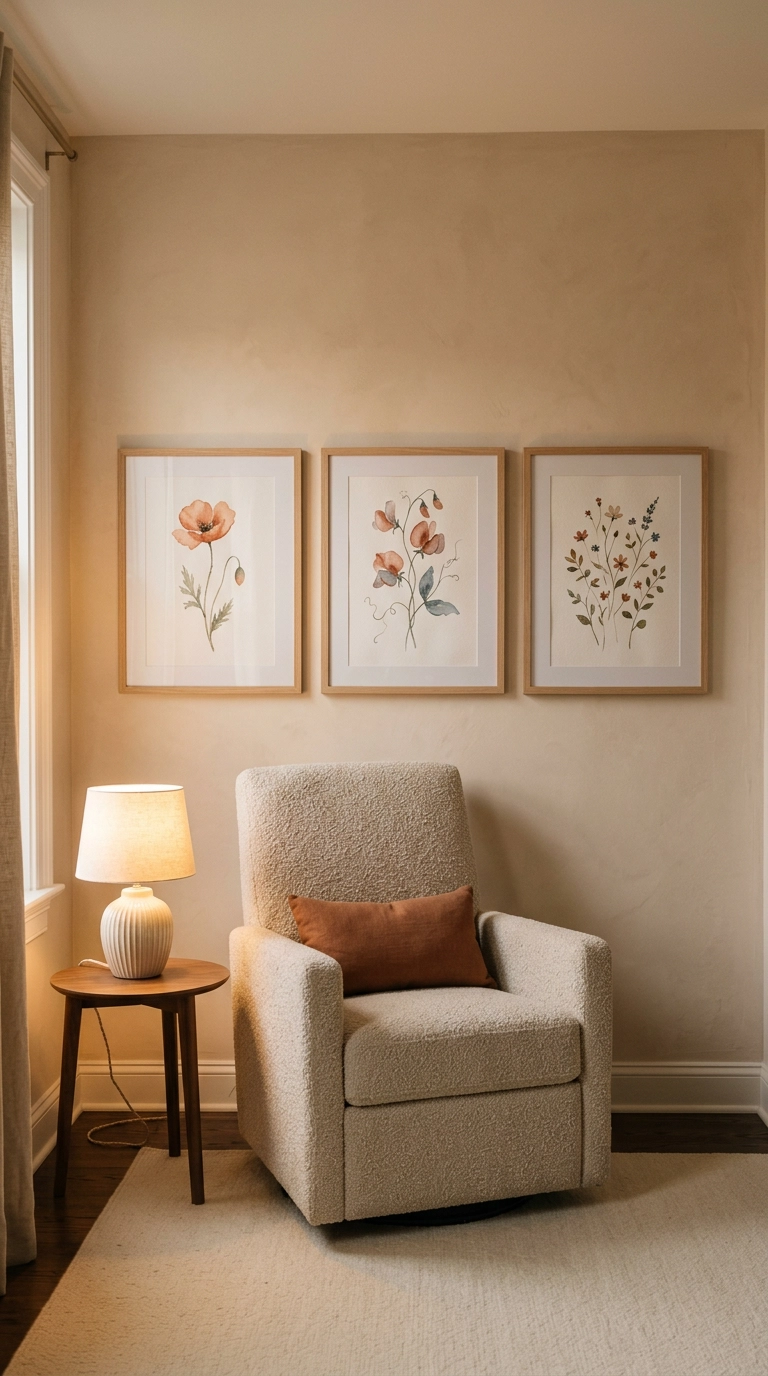 Three watercolor botanical prints above an oatmeal glider in a floral nursery