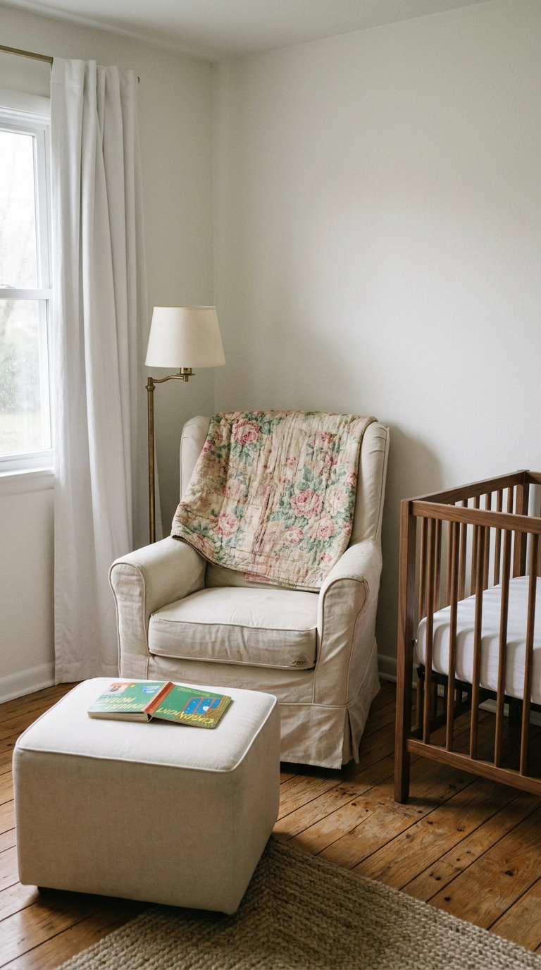 Faded vintage rose quilt draped over a cream glider in a floral nursery