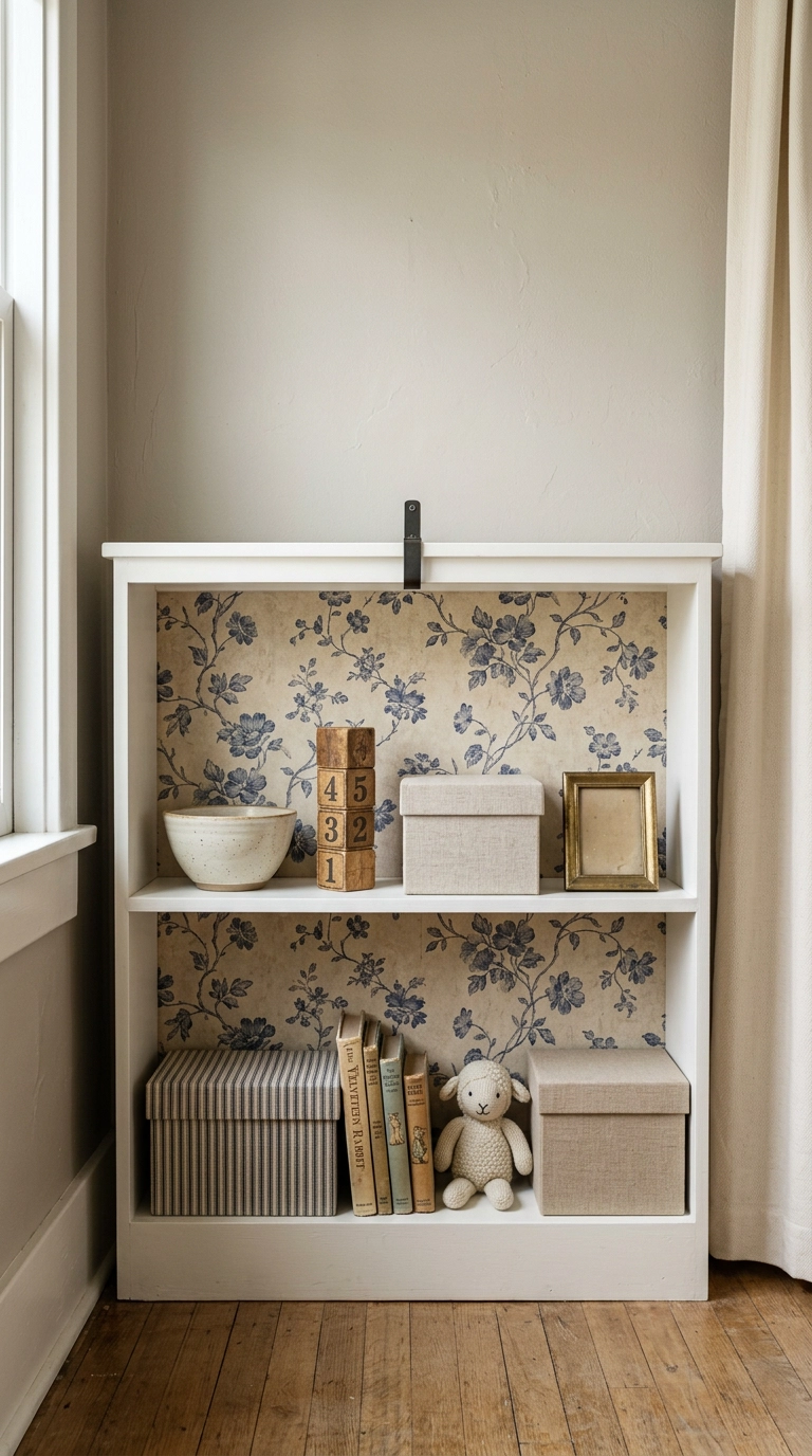 Open nursery bookcase with a trailing floral wallpaper back panel